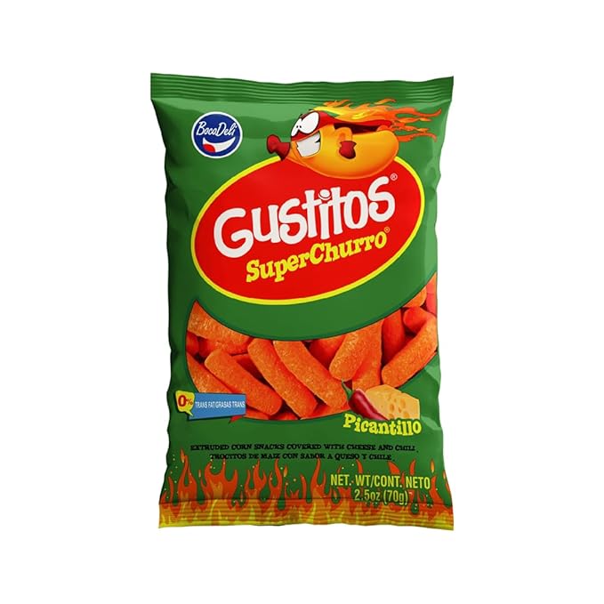 Bocadeli Gustitos SuperChurro Picantillo, 2.46 onzas, chips de maíz inflados cubiertos con queso y chile, aperitivos salvadoreños (paquete de 1)