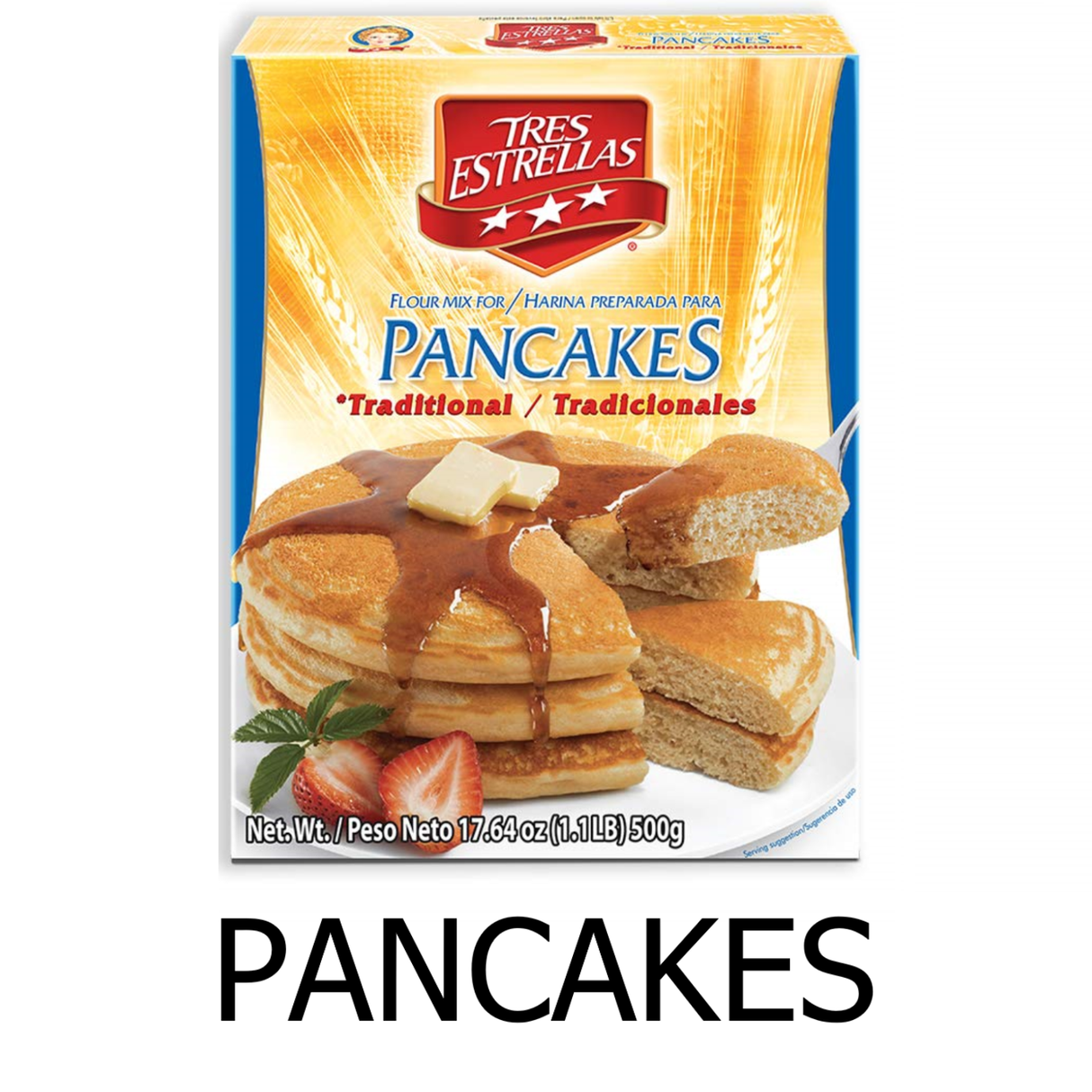 Tres Estrellas Pancake Mix 17.6 oz./Mezcla para panqueques Tres Estrellas