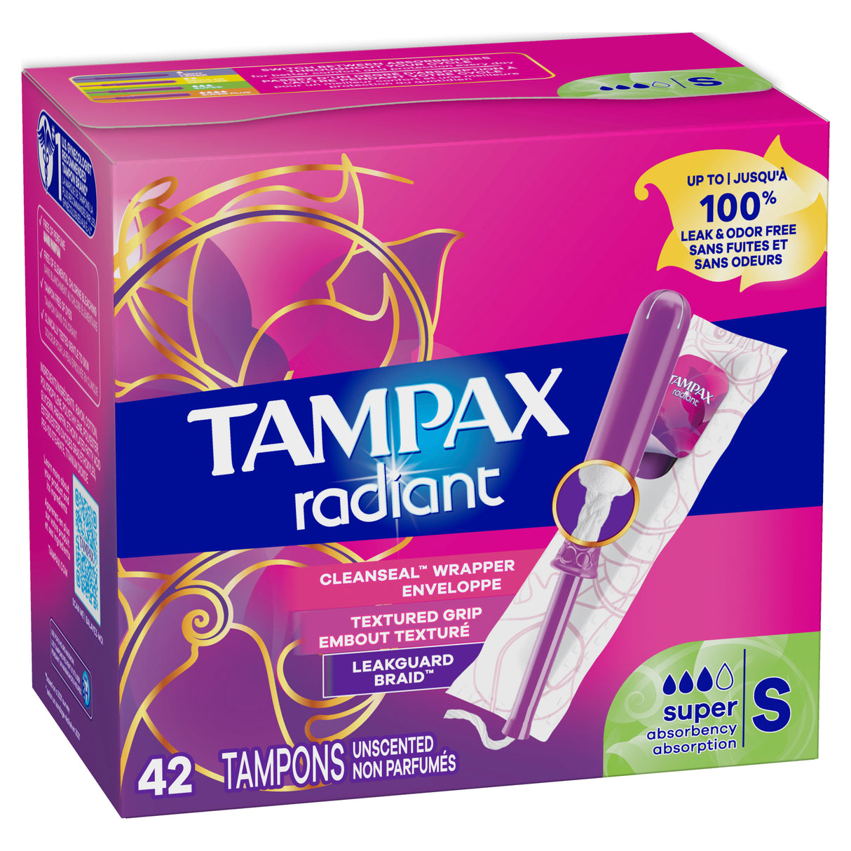 Tampones Tampax Radiant con LeakGuard Braid, súper absorbentes, 42 unidades