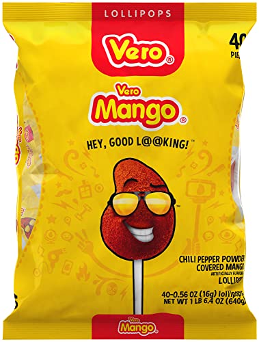 Vero Mango Lollipops Coated with Chili Powder- 40 ct..- 640 Grs.. /  Vero Piruletas de mango recubiertas con chile en polvo- 40 ct..- 640 Grs.