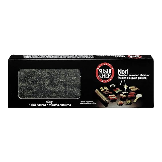 Sushi Chef Nori (hojas de algas asadas), 5 hojas completas, caja de 0.45 onzas / (hojas de algas tostadas), 5 hojas completas