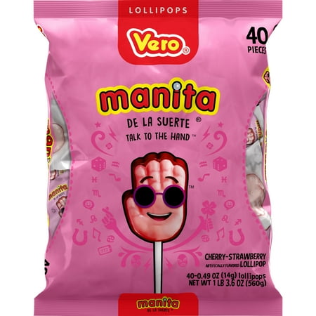Vero Talk to de hand Strawberry & Cherry Flavored Lollipop 40 ct. 560 Grs. / Vero Manit2a de la Suerte 40 ct. / 560 g.