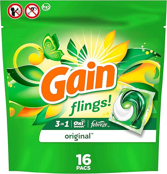 ¡Gana aventuras! Cápsulas de jabón detergente para ropa, originales, 16 unidades/¡Gain Flings! Cápsulas de jabón de detergente para ropa, originales, 16 unidades