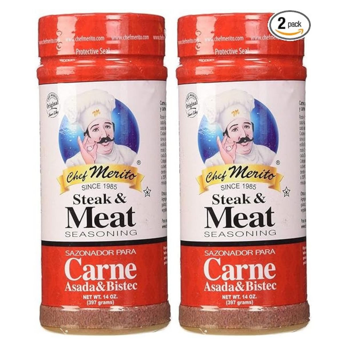 Condimento en polvo para carne y bistec Chef Merito Carne Asada &amp; Bistec 14 oz, paquete de 2 | Nuggets de pollo, muslos, condimento para bistec, a la parrilla, condimento para carne