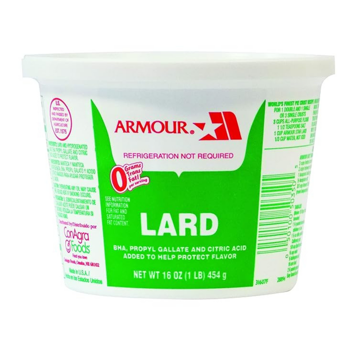 Armour Lard 16 oz. 1lb / Armour Manteca de cerdo 16 oz. 1 lb.