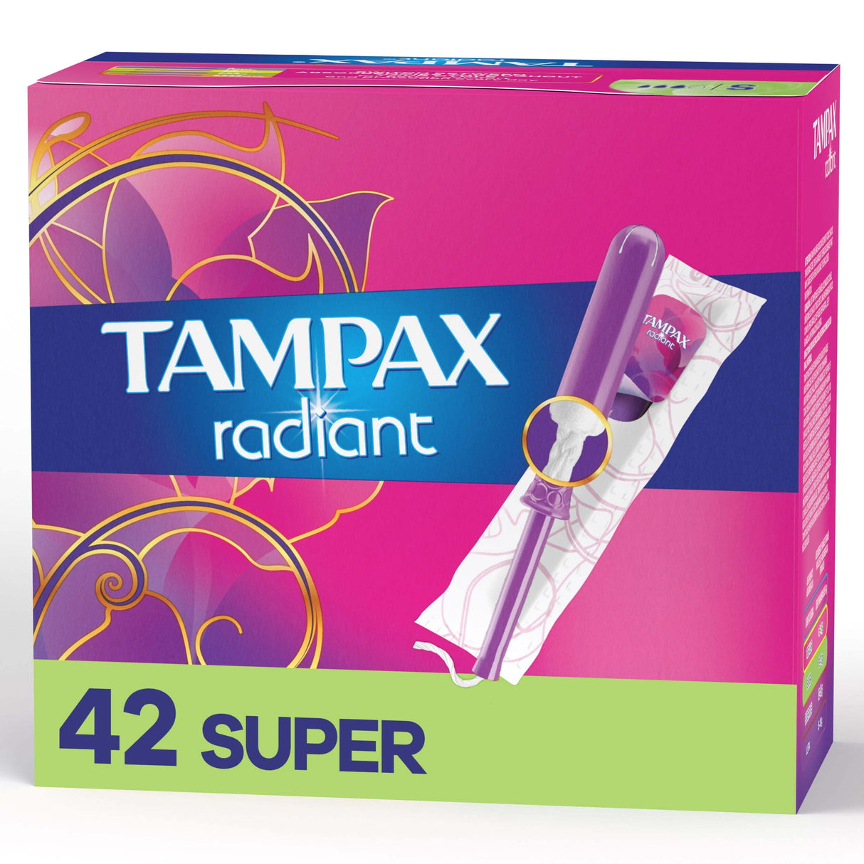 Tampones Tampax Radiant con LeakGuard Braid, súper absorbentes, 42 unidades