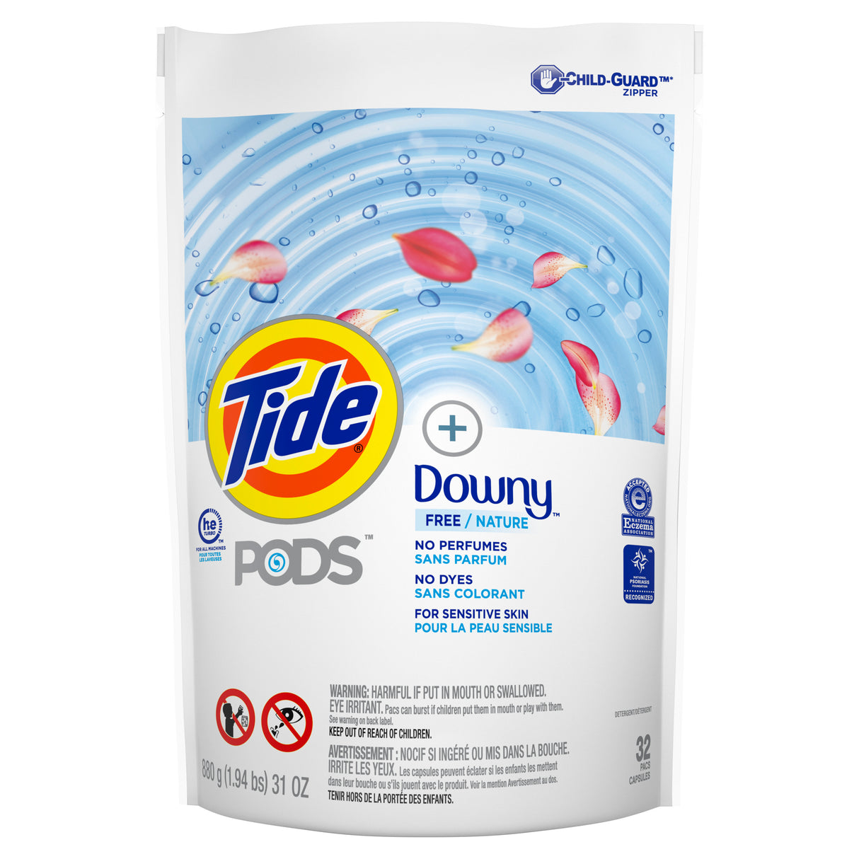Tide PODS +Downy Free, Liquid Laundry Detergent Pacs, 32 ct:/  Tide PODS +Downy Free, paquetes de detergente líquido para ropa, 32 unidades