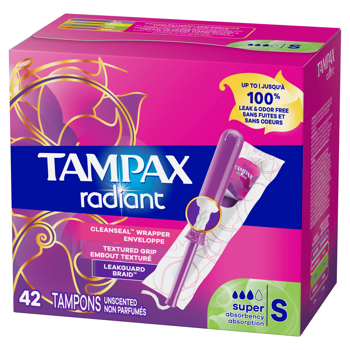 Tampones Tampax Radiant con LeakGuard Braid, súper absorbentes, 42 unidades